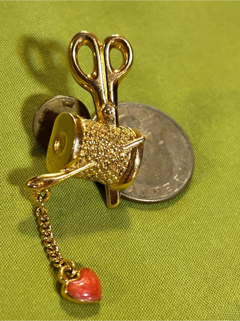 Vintage Gold Sewing Themed Brooch with Red Heart Charm